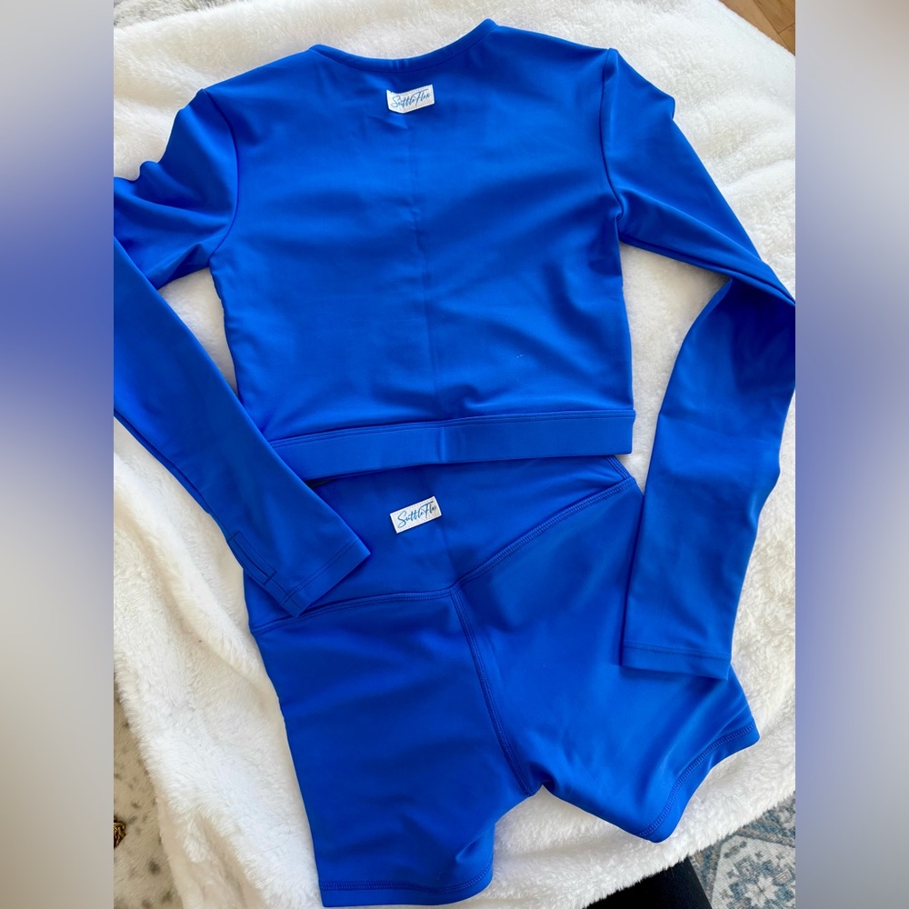 SuttleFlex Bright Royal Blue Active Crop Top & High-Waist Shorts Dance Set YXL - Picture 2 of 6